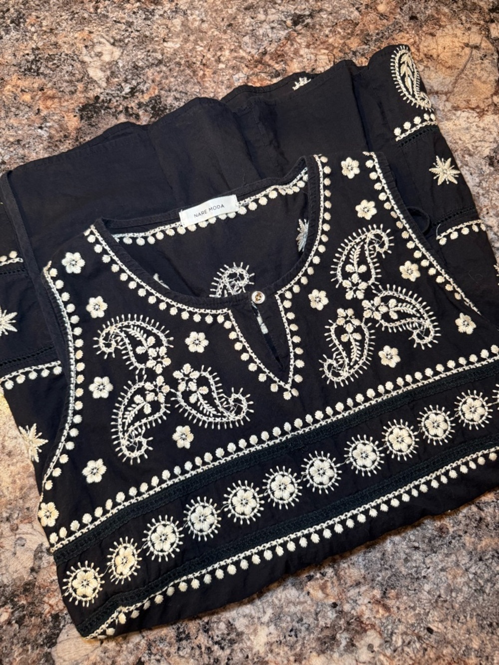 Sleeveless Black Mini Dress with White Embroidered Paisley Detail - Picture 5 of 8